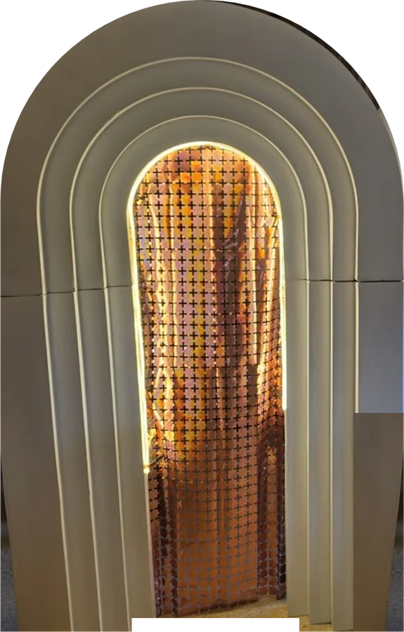 Nested triple arch with rose-gold sequin curtain